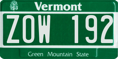 VT license plate ZOW192