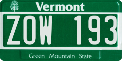 VT license plate ZOW193