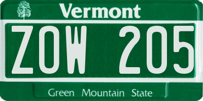 VT license plate ZOW205
