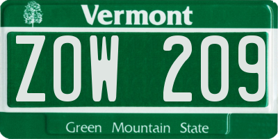VT license plate ZOW209