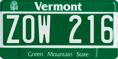 VT license plate ZOW216