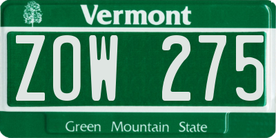 VT license plate ZOW275