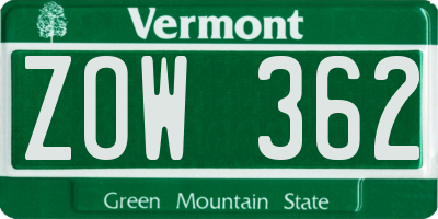 VT license plate ZOW362