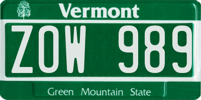 VT license plate ZOW989