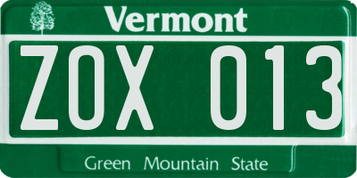 VT license plate ZOX013