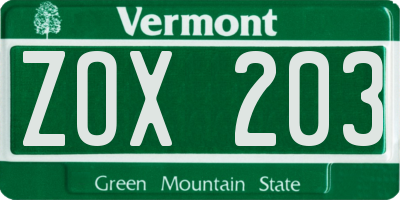 VT license plate ZOX203