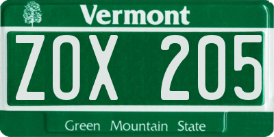 VT license plate ZOX205