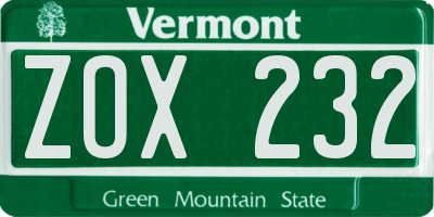 VT license plate ZOX232