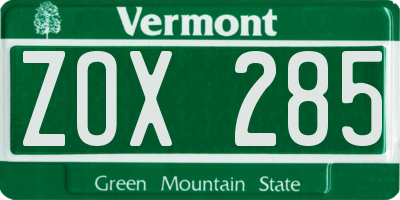 VT license plate ZOX285