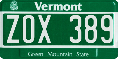 VT license plate ZOX389