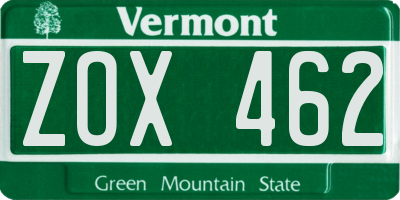 VT license plate ZOX462