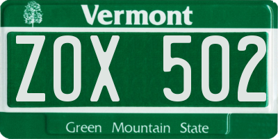 VT license plate ZOX502