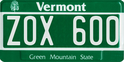 VT license plate ZOX600