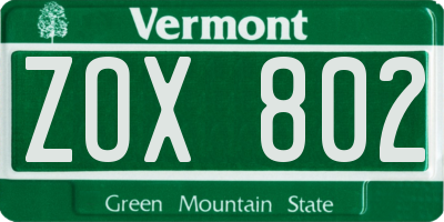 VT license plate ZOX802
