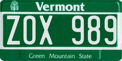 VT license plate ZOX989