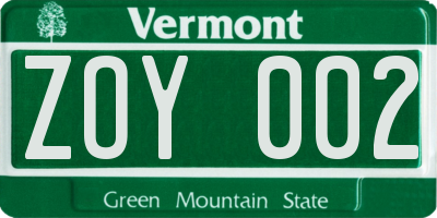 VT license plate ZOY002