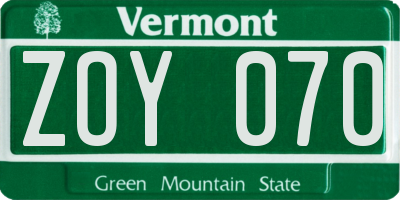 VT license plate ZOY070