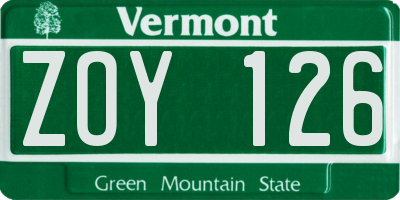 VT license plate ZOY126