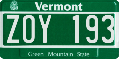 VT license plate ZOY193