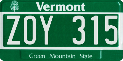 VT license plate ZOY315