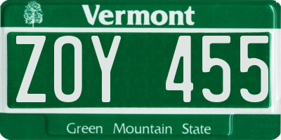 VT license plate ZOY455