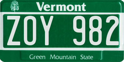 VT license plate ZOY982