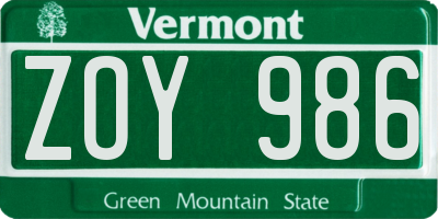 VT license plate ZOY986