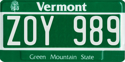 VT license plate ZOY989