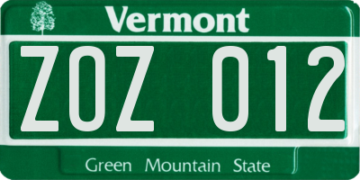 VT license plate ZOZ012