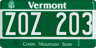 VT license plate ZOZ203