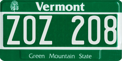 VT license plate ZOZ208