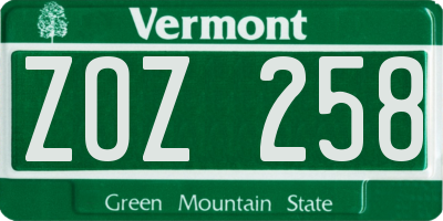 VT license plate ZOZ258