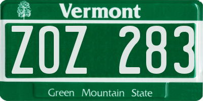 VT license plate ZOZ283