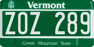 VT license plate ZOZ289