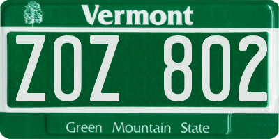 VT license plate ZOZ802