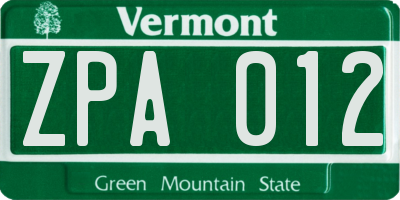 VT license plate ZPA012