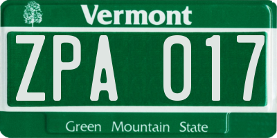 VT license plate ZPA017