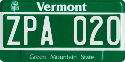 VT license plate ZPA020