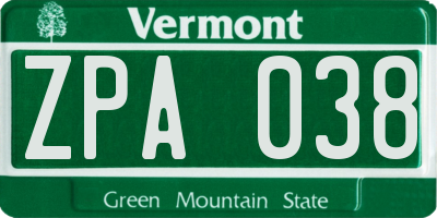 VT license plate ZPA038