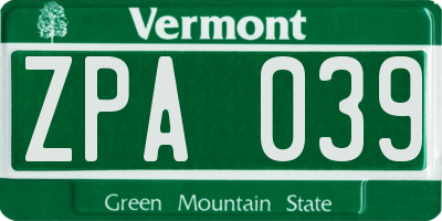 VT license plate ZPA039