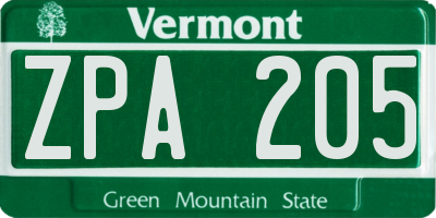 VT license plate ZPA205