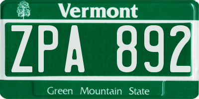 VT license plate ZPA892