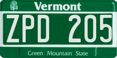 VT license plate ZPD205
