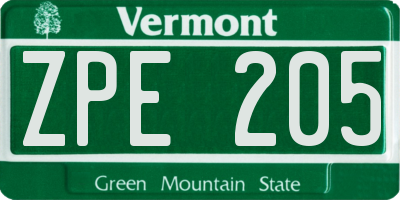 VT license plate ZPE205