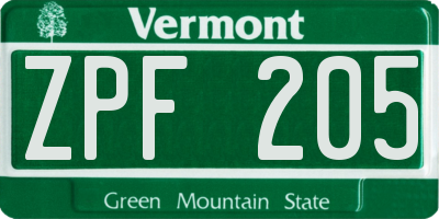 VT license plate ZPF205