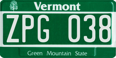 VT license plate ZPG038