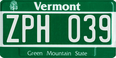 VT license plate ZPH039