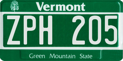 VT license plate ZPH205