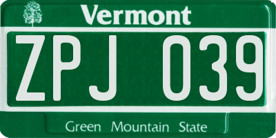 VT license plate ZPJ039