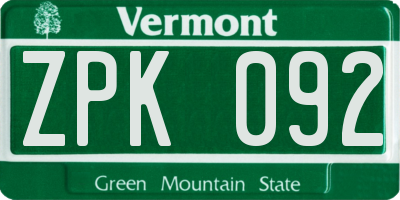 VT license plate ZPK092